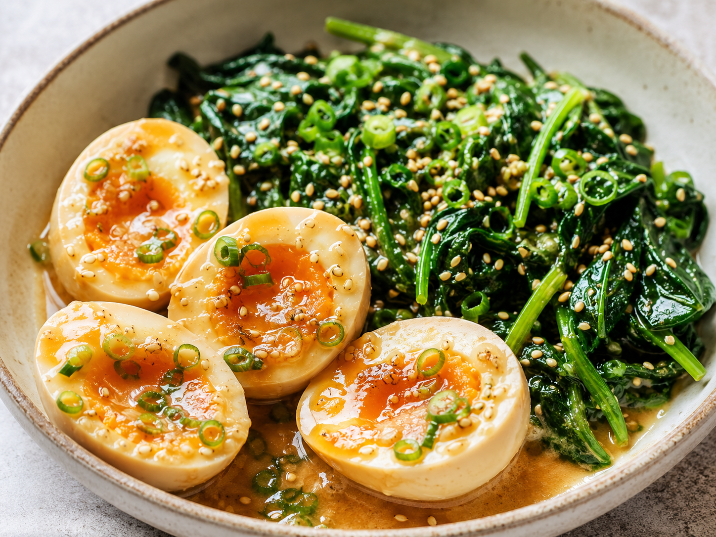 Miso Butter Eggs with Sesame Spinach