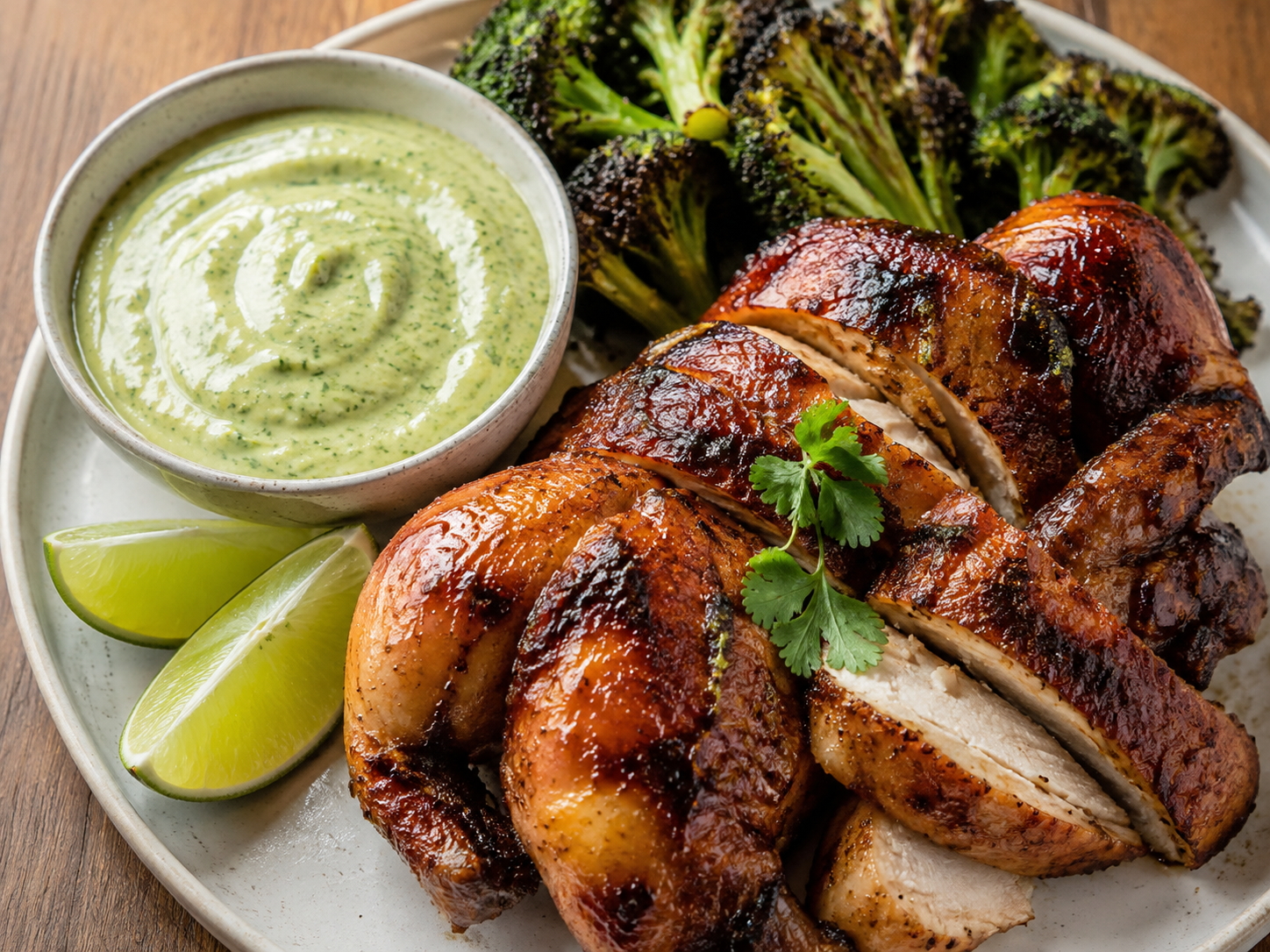 Pollo a la Brasa with Aji Verde, Charred Broccoli & Lime