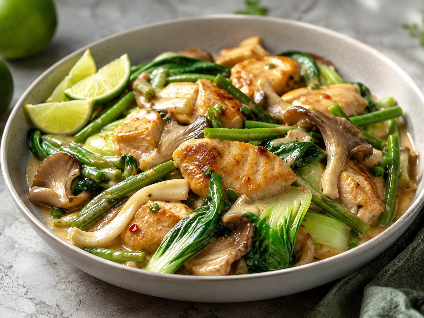 Thai Coconut Lime Chicken with Pak Choi, Oyster Mushrooms & Green Beans