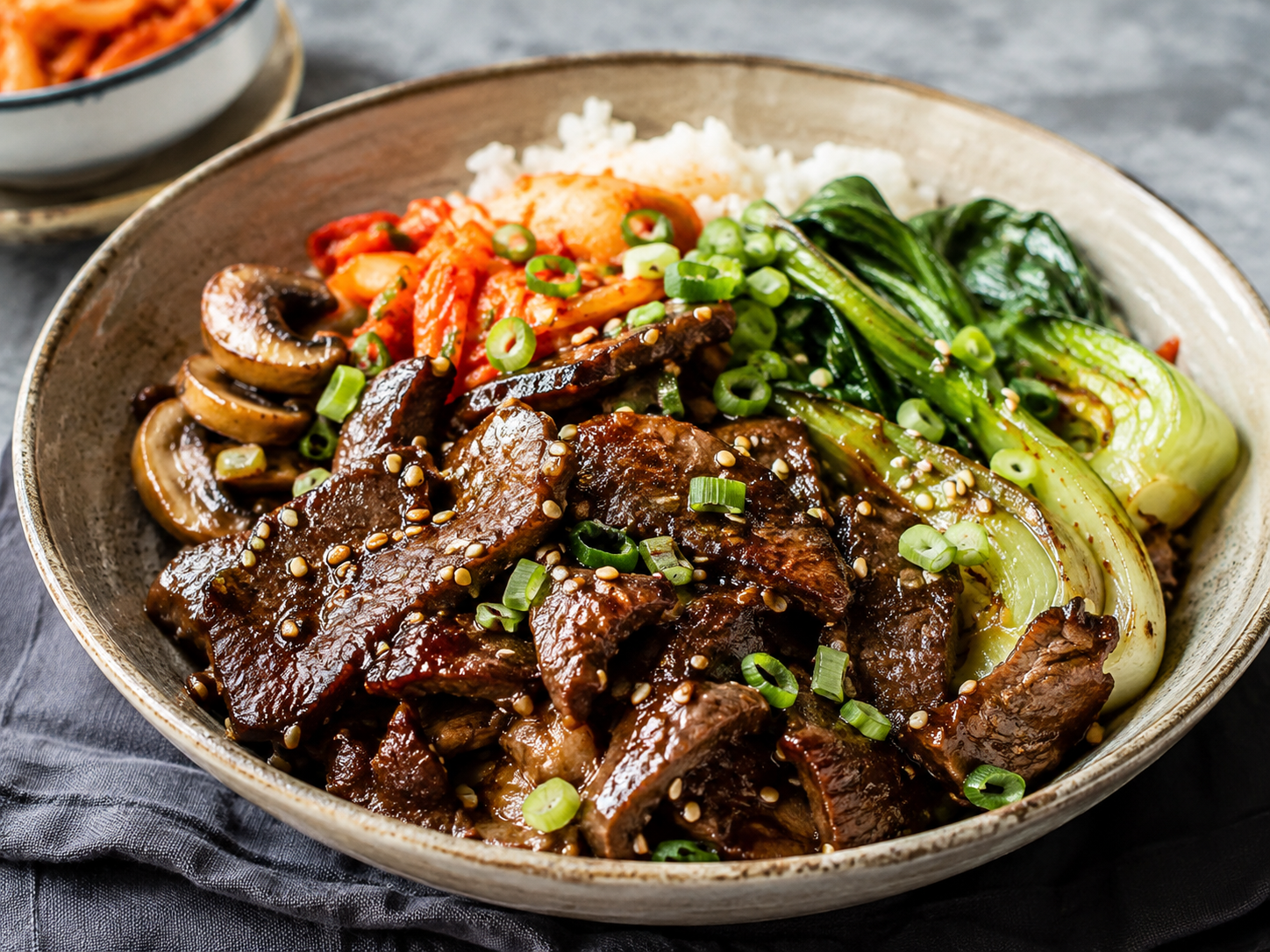 Korean BBQ Beef with Sesame Pak Choi, Mushrooms & Spring Onion