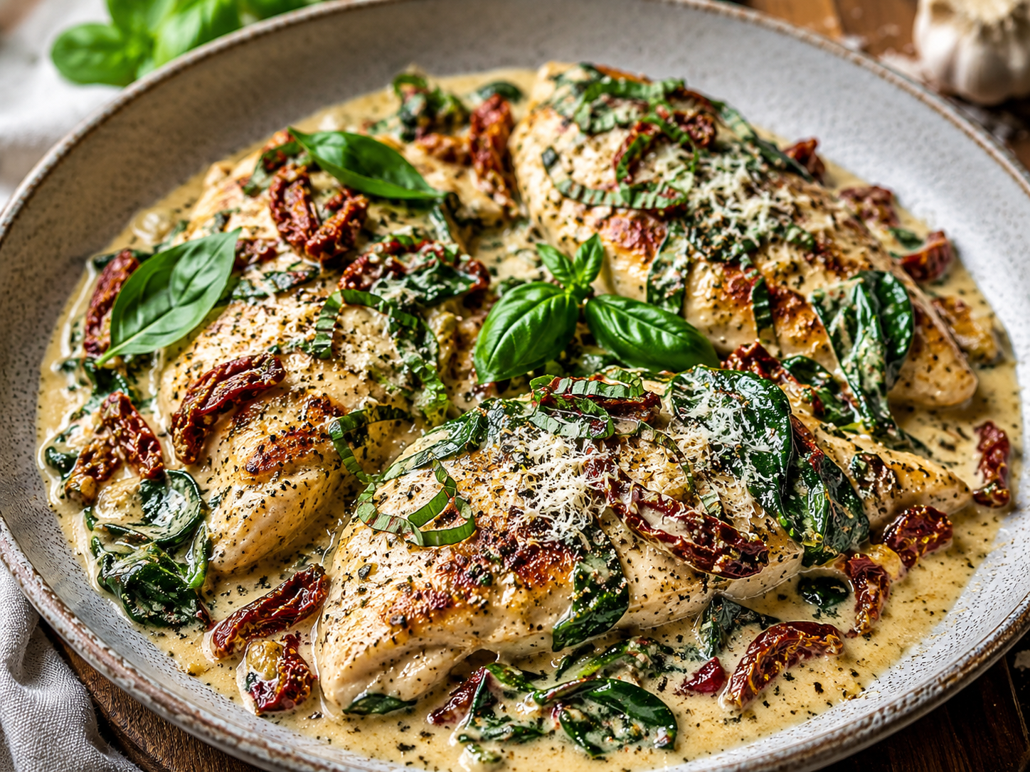 Tuscan Garlic-Parmesan Chicken with Spinach, Sun-Dried Tomato & Basil