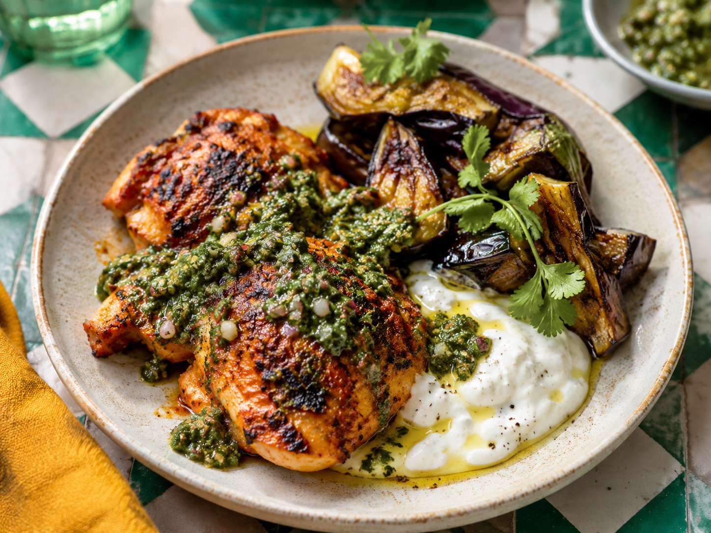Harissa Chicken with Chermoula, Roasted Aubergine & Yoghurt