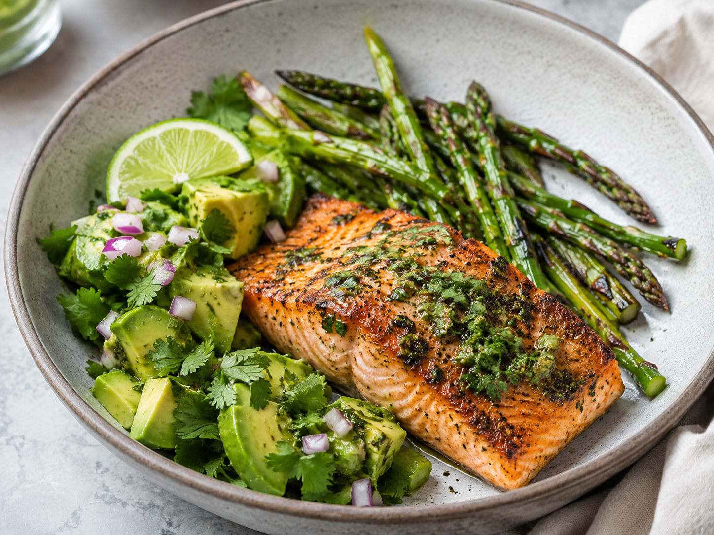 Coriander-Lime Salmon with Avocado Herb Salad & Charred Asparagus