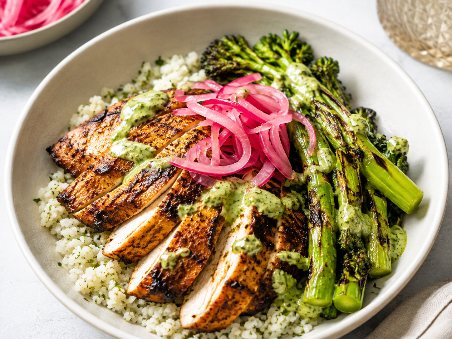 Peruvian Chicken with Charred Tenderstem, Pickled Red Onion & Aji Verde