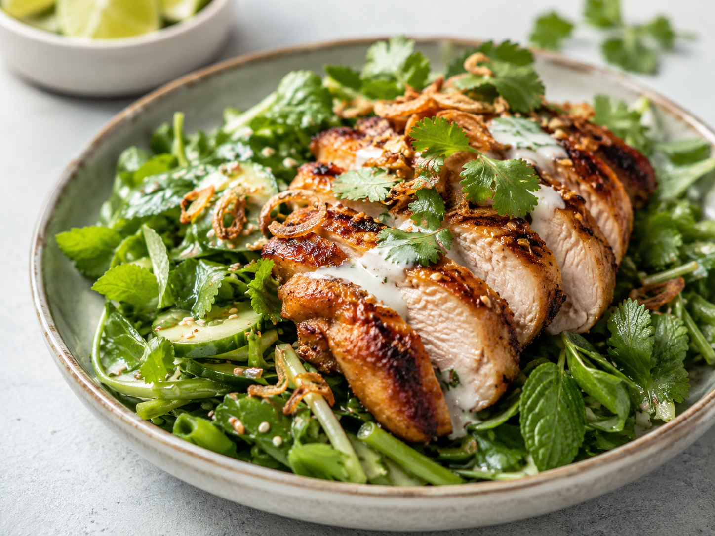 Thai Lemongrass Chicken with Coconut-Lime Dressing, Sesame Greens & Crispy Shallot