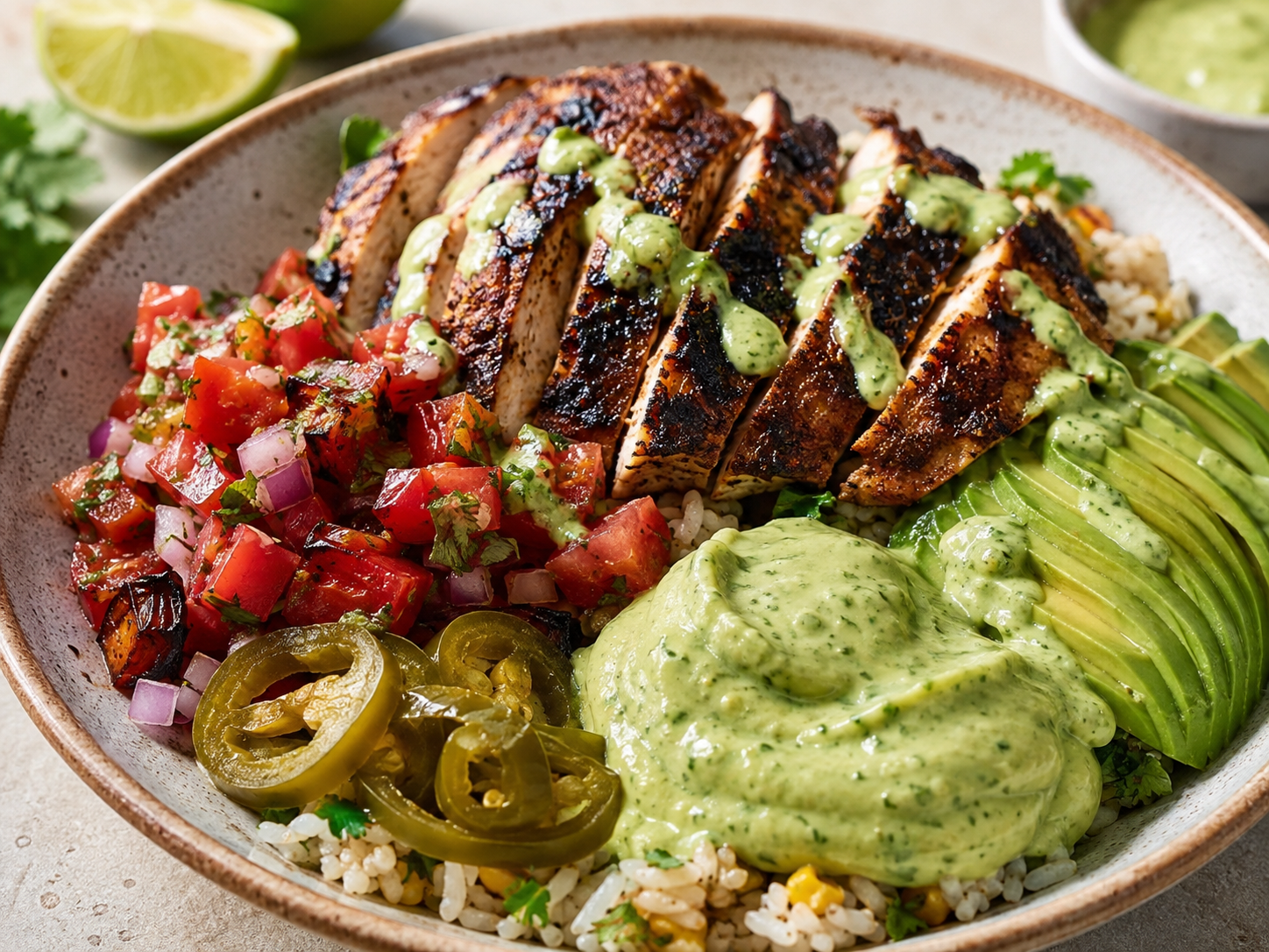 Chipotle-Lime Chicken with Fire-Roasted Salsa, Pickled Jalapeños & Avocado Crema