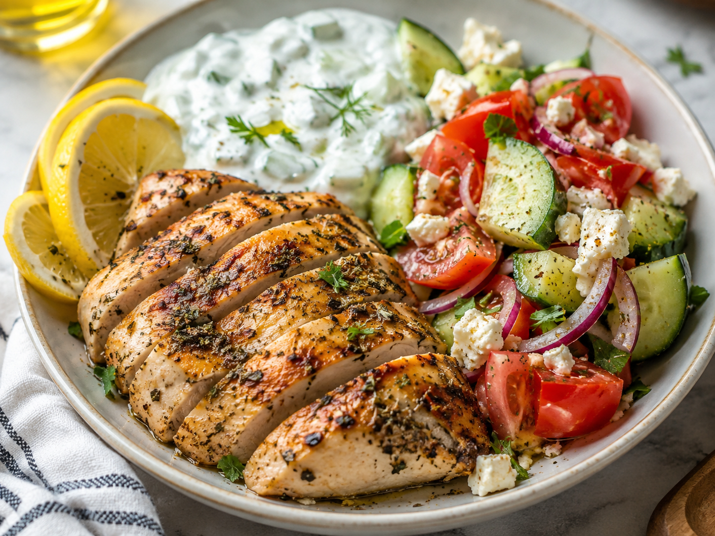 Greek Lemon-Oregano Chicken with Tzatziki, Cucumber-Tomato Salad & Feta