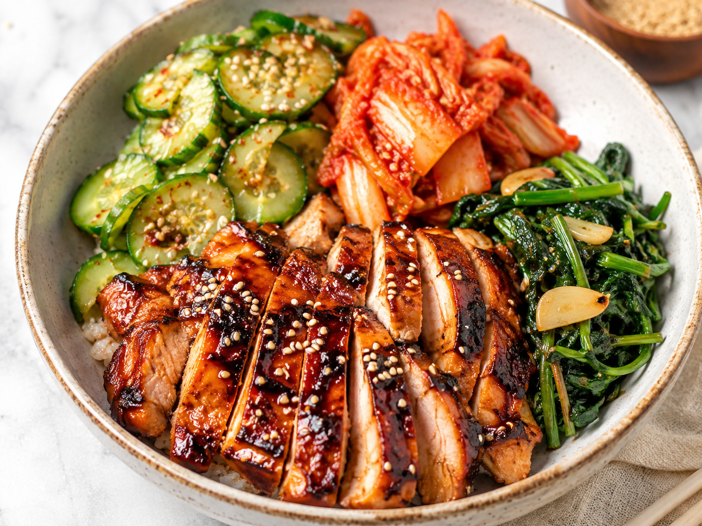 Korean BBQ Chicken with Sesame Cucumber, Kimchi & Garlic Greens